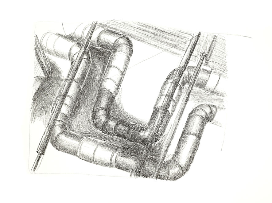 Zur Ausstellung Experiment Druckgraphik - 3x Graphik - mit Alex Weise, Carolin Bernhofer. Frank Seivers Einladung zur Ausstellung Experiment Druckgraphik - 3 x Graphik - Alex Weise, Carolin Bernhofer, Frank Sievers, hier: Lithographie "Fernwärmeleitungen" von C. Bernhofer